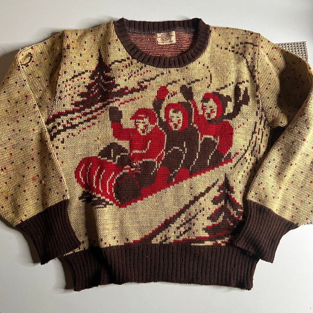 Vintage Montgomery Ward Kids Wool Toboggan Sledding Sweater Brown Red 50s 40s